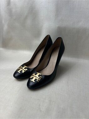 Tory Burch Black Leather Wedge Heels Gold Logo Pumps Size 6.5